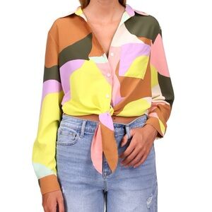 Sanctuary Girlfriend Tie Hem Button-Up Shirt in Multicolor Artist Fie, Size L